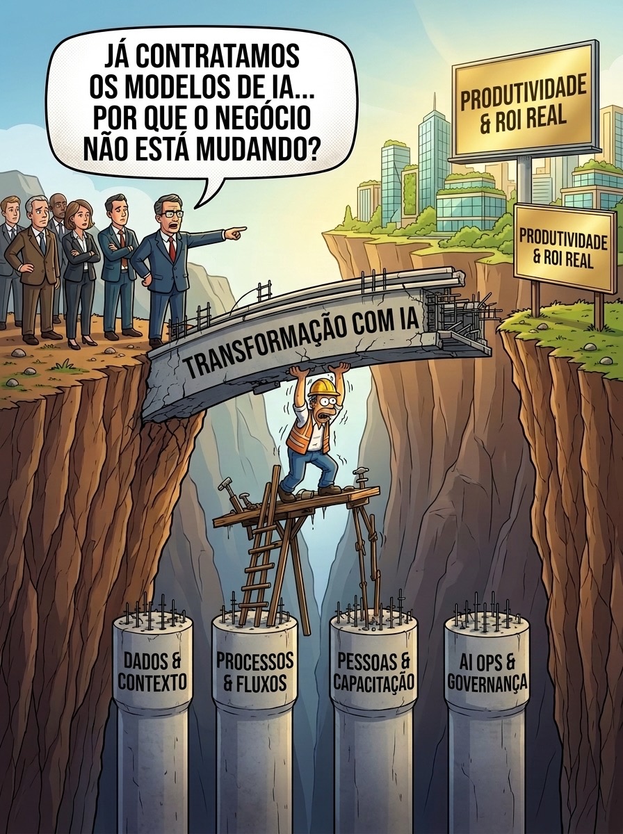Charge: um grupo de executivos na beira de um abismo aponta para uma ponte chamada Transformação com IA e pergunta: já contratamos os modelos de IA, por que o negócio não está mudando? A ponte não chega ao outro lado, onde estão as placas Produtividade e ROI real. Embaixo dela, um único operário segura o tabuleiro sobre um andaime improvisado. No fundo do abismo, quatro pilares inacabados: Dados e contexto, Processos e fluxos, Pessoas e capacitação, AI Ops e governança.
